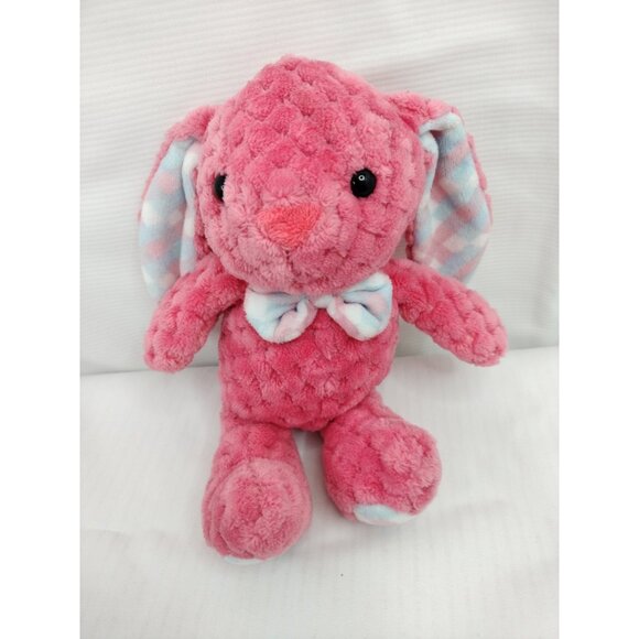 10" Kellytoy PINK Quilted Chenille BUNNY Rabbit Plush with Plaid Ears & Bow tie - Picture 3 of 13